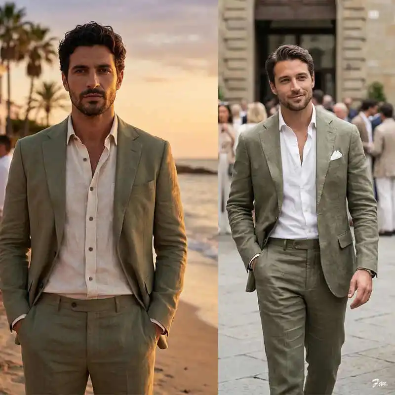 Summer Linen Men Suit Slim Fit 2 Piece Blazer Pants Single Breasted Formal Occasion Party Casual Gathering Customized