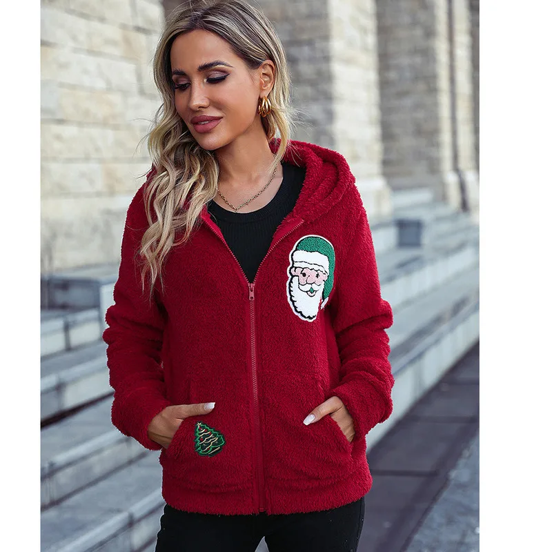 Autumn And Winter Women's Hooded Zipper Long Sleeved Loose Double-sided Velvet Christmas Style Warm Casual Jacket