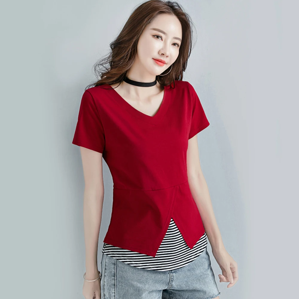 

New Women Cotton T-shirt Summer Fashion Fake Two-pieces Design Slim Short Sleeve Tee Tops Classic Basic V-Neck T-shirt Female