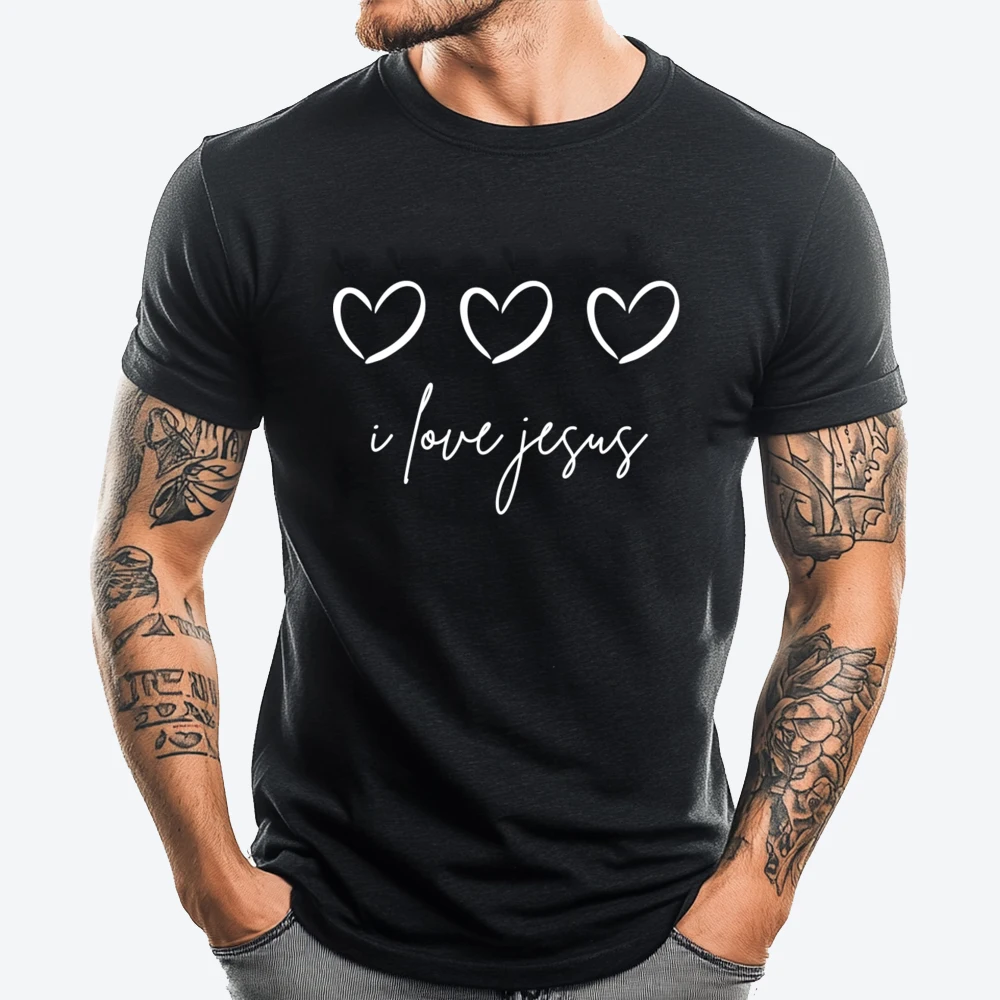 

Minimalist I Love Jesus Christian Three Hearts Designs Fall Clothes Aesthetic Men's Clothing T Shirts Classicshirts For Men