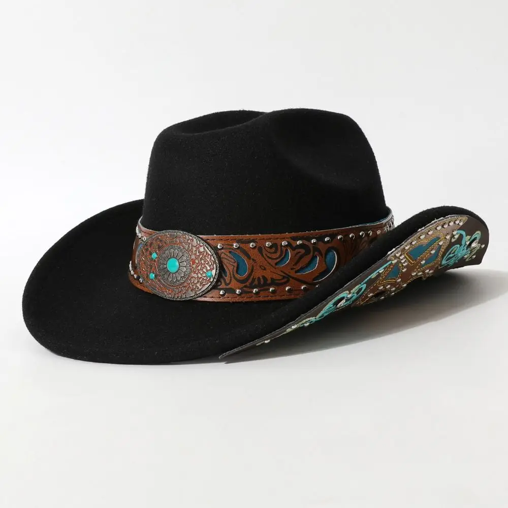 Turquoise Decor Western Cowboy Hat Embossed Band Retro Wide Brim Sun Hat Vintage American Style Stage Performance Hat