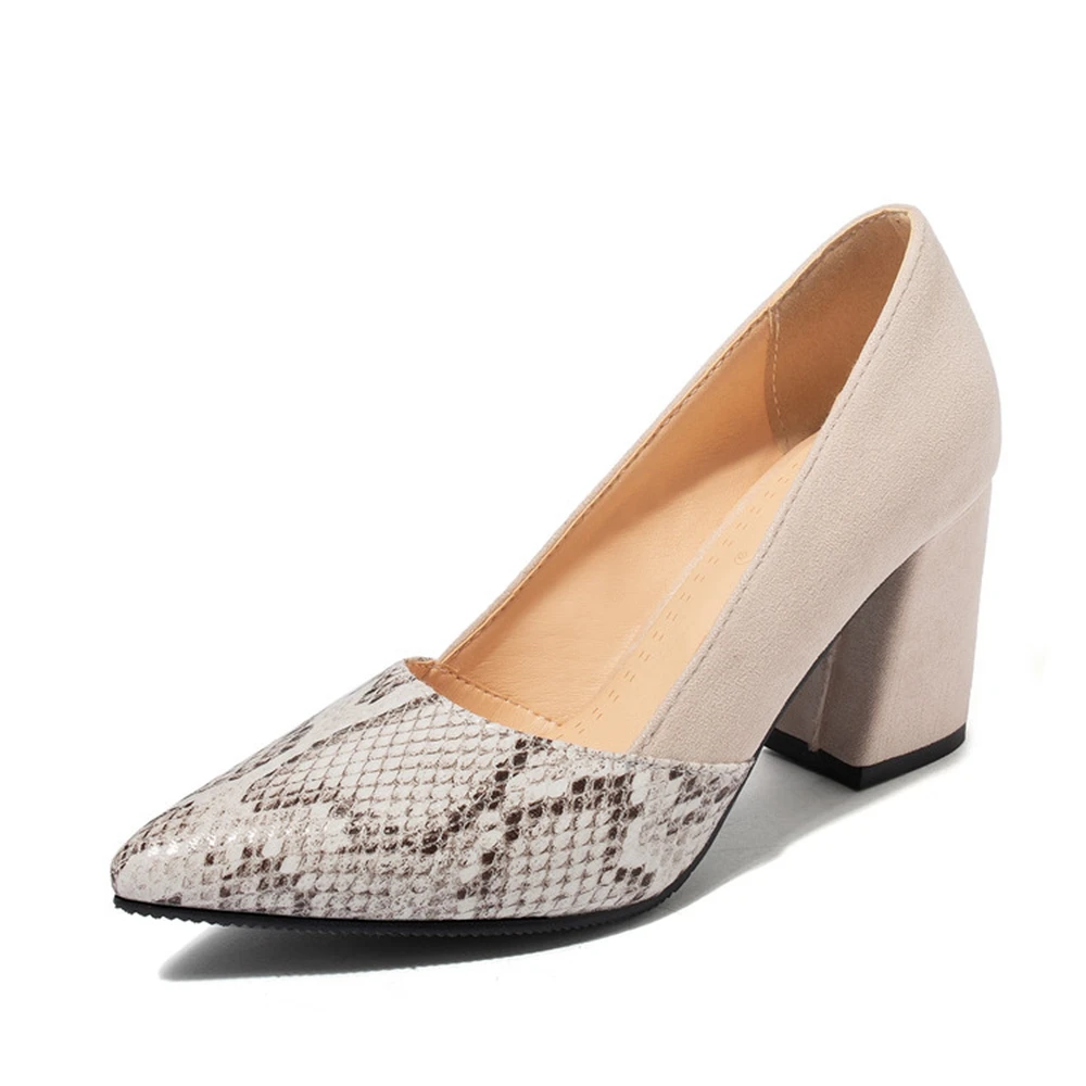 

Women's Snake Print Pointed Toe Block Heel Pumps Two Tone Office High Heels Black/Beige Plus Size 32-54 20-3