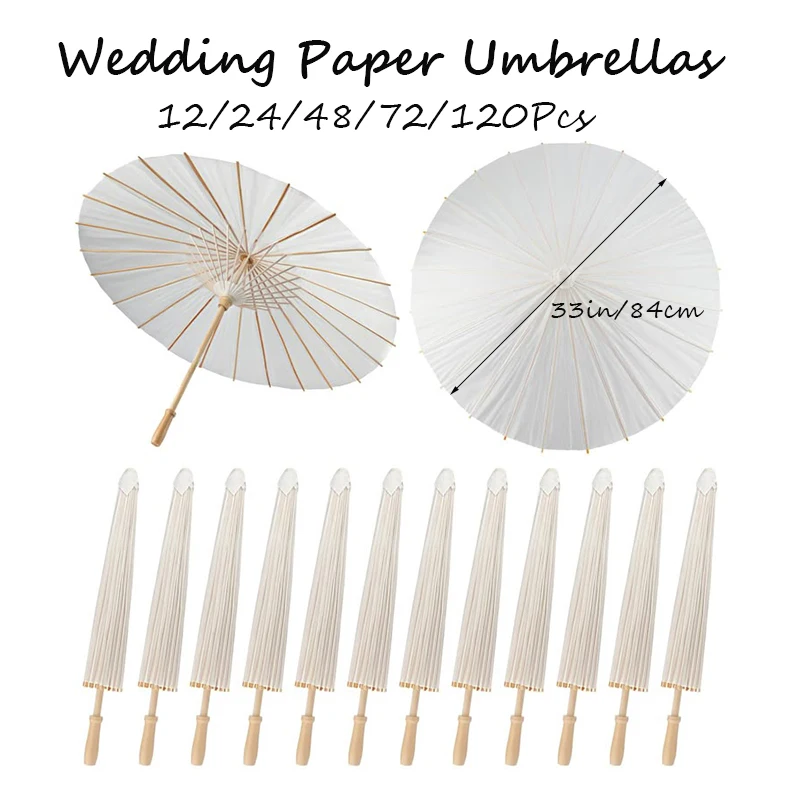 

12-120PCS Paper Umbrellas For Weddings Paper Parasols White Parasol Umbrella For Guests Photo Props DIY Party Decor(84cm)