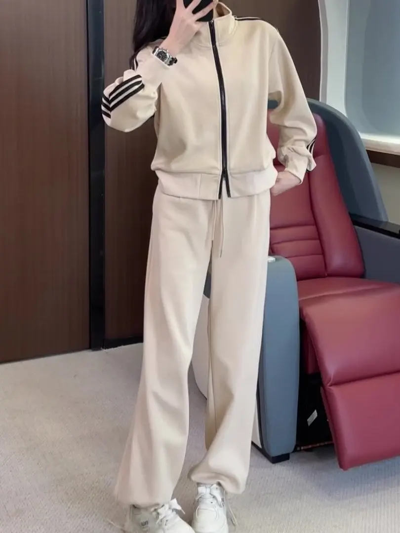 

American Retro Sportswear Set Women's Loose Slimming Tee-Stripes Open Cardigan Sweatirt Straight Leg Pants Two-Piece Set