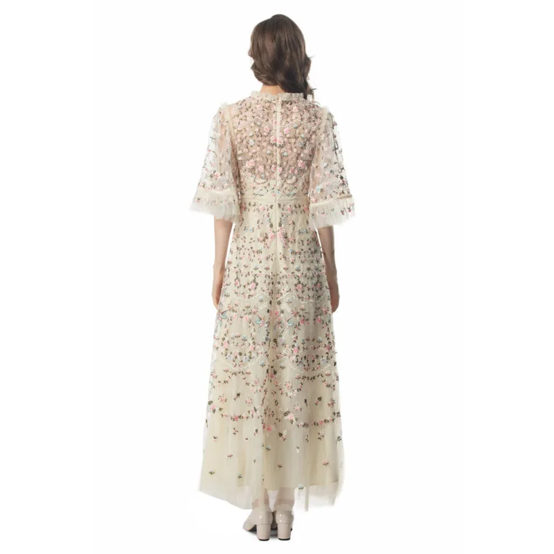 HKSH Summer New Women's Chic Elegant Fashion Casual Light Luxury Embroidery Mesh O-Neck Half Sleeved Long Banquet Dresses HK5315