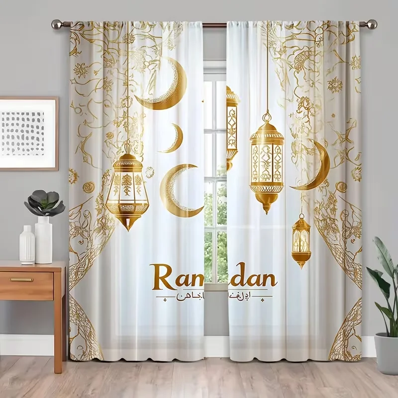 2PC Golden Ramadan Lantern Moon Sheer Curtains - Luxurious Oriental Festival Print Window Drapes for Living Room Bedroom Decor