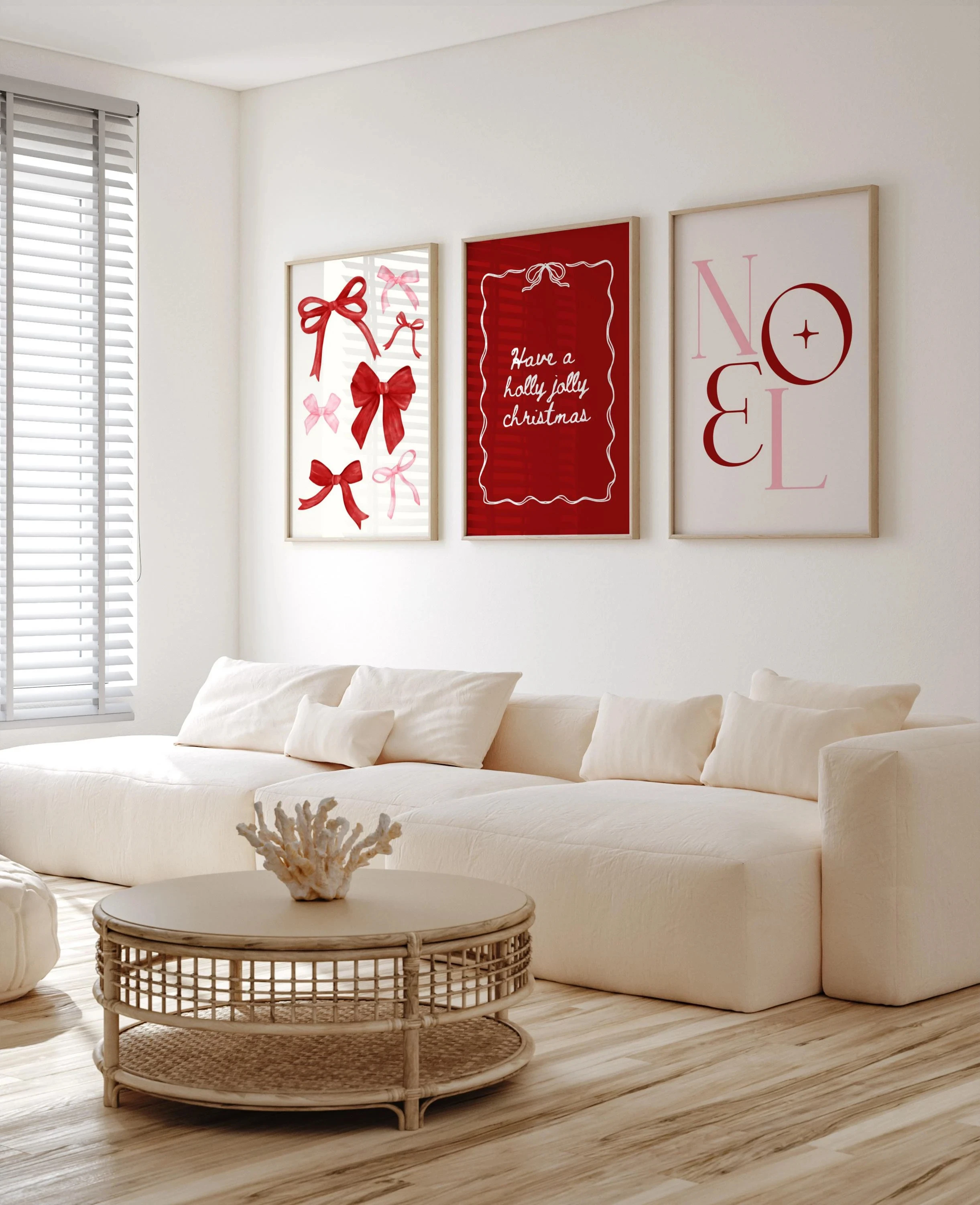 Christmas Coquette Set of 3 Wall Art Red Bow Pink Have a Holly Jolly Christmas Poster Minimalist Noel Winter Aesthetic Print