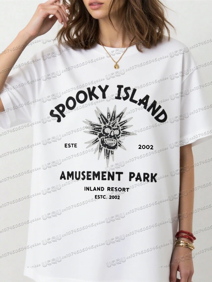 تي شيرت قطني مطبوع عليه رسوم كرتونية على شكل جزيرة مخيفة تي شيرت صيفي للسيدات على الموضة بأكمام قصيرة وفضفاض ومريح
