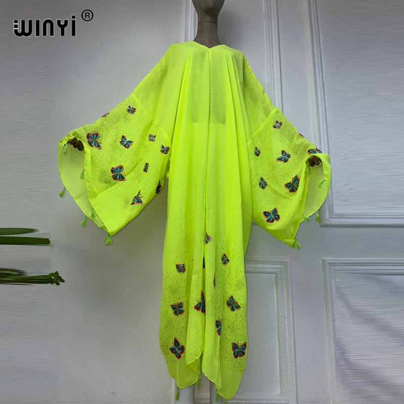 WINYI Africa summer elegant beach fashion kaftan Maxi women's robes long beach V-neck Embroidered sexy perspective dress