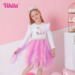 VIKITA Girl Autumn Dress Children Princess Costumes Birthday Party Unicorn Print Tulle Dresses Kids Irregular Dress 3 to 8 Yrs