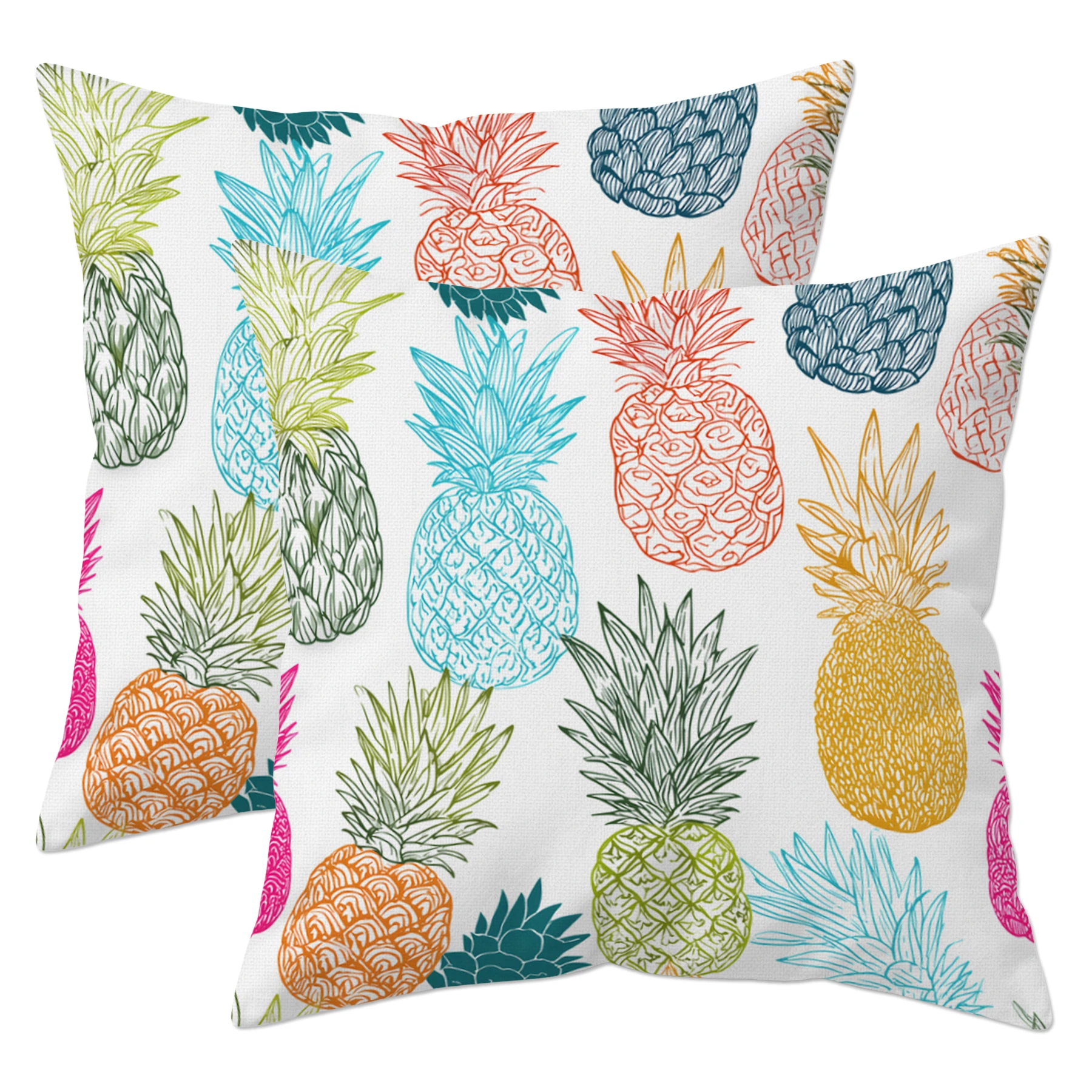 

Colorful Pineapple Pillow Covers 18x18 Inch Set of 2, Double-Sided Printed White Linen Decorative Cushion Covers for Sofa Couch