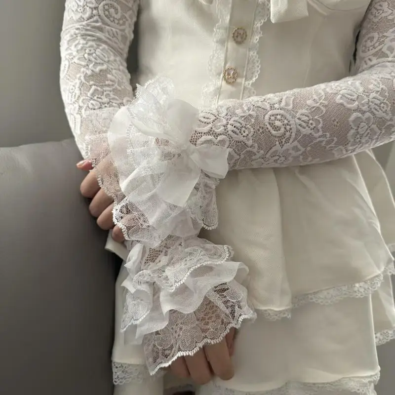1 Paar schwarze Gothic-Ärmelstulpen für Damen, elastisch, lange Ärmel, Lolita JK, Spitze, fingerlose Handschuhe, Kleidungsdekoration – Detail 6