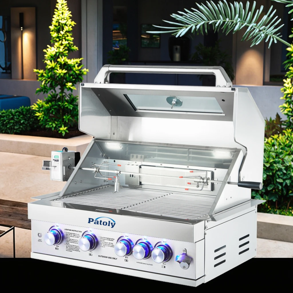 Customized 5-Burner Stainless Steel Outdoor BBQ Grill NG/LPG/Charcoal Dual Fuel Piezo Ignition For Family Party Barbecues Modern