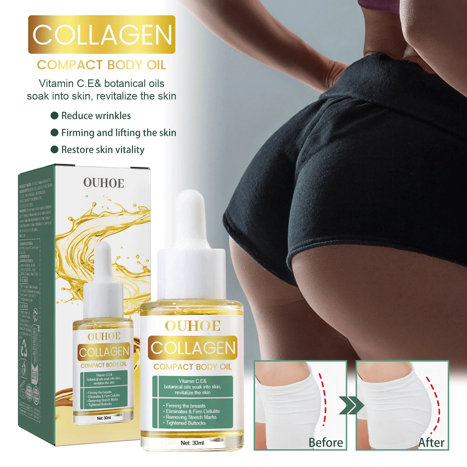 30 ml ätherisches Kollagenöl, nährendes, feuchtigkeitsspendendes, straffendes und aufhellendes Gesäßessenz-Pflegeöl nach der Rasur