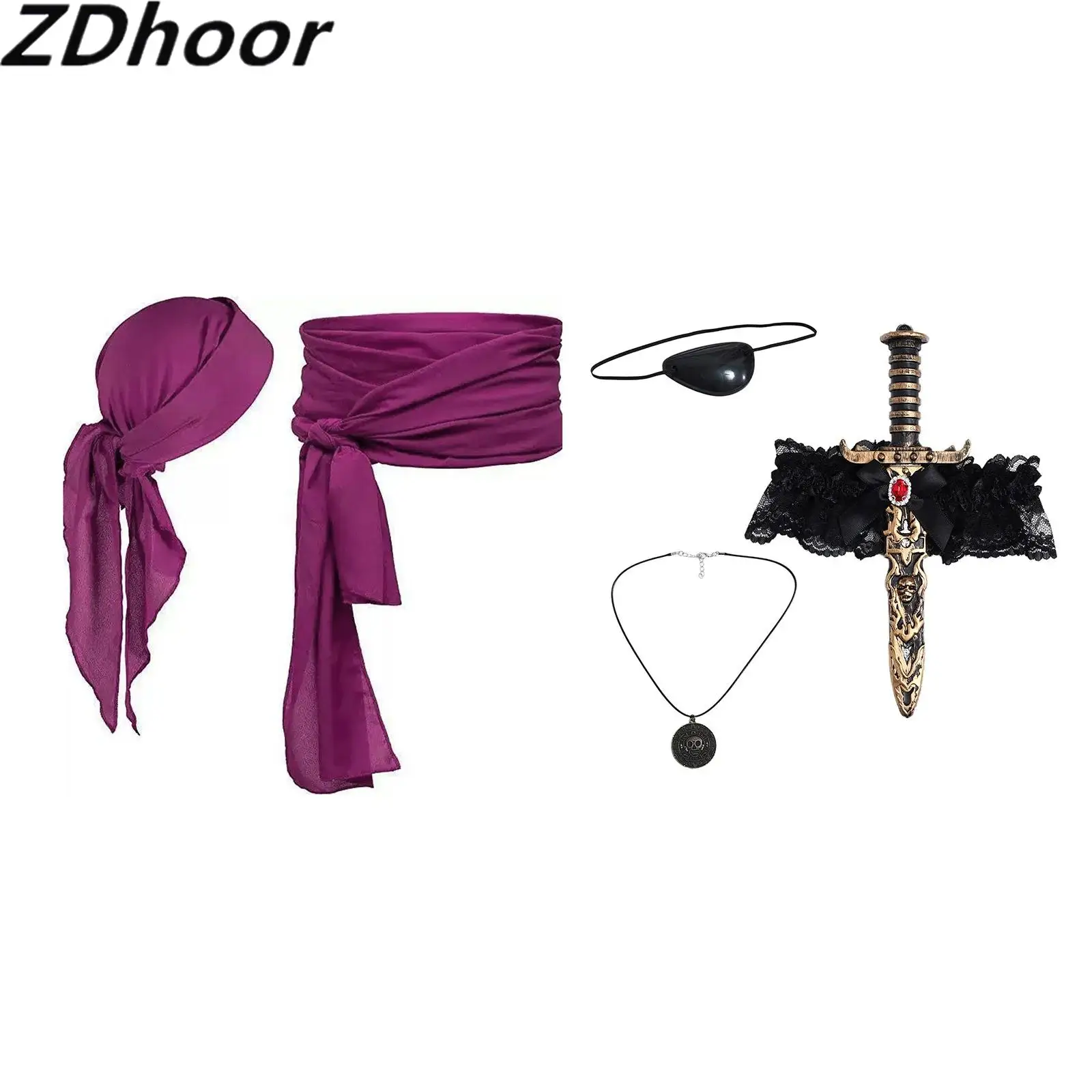 

Unisex Women Men Medieval Pirate Dress Up Costume Set Headscarf Sash Belt with Pirate Sword with Lace Bow Etc Cosplay Props