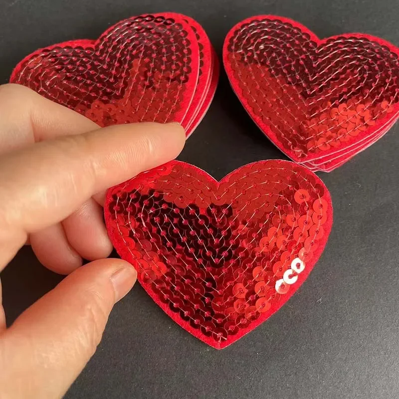 6*7CM/5PCS Red Sparkle Heart Sequin Applique Patch Thermocollants,Clothes Sticker Fabric Embroidery Iron On Patches For Clothing