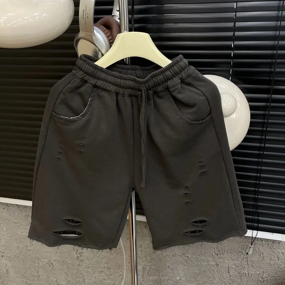 2025 Summer Children\'s New Korean Style Elastic Waisted Ripped Pants Handsome Boys\' Versatile Loose Wide Leg Pant Shorts