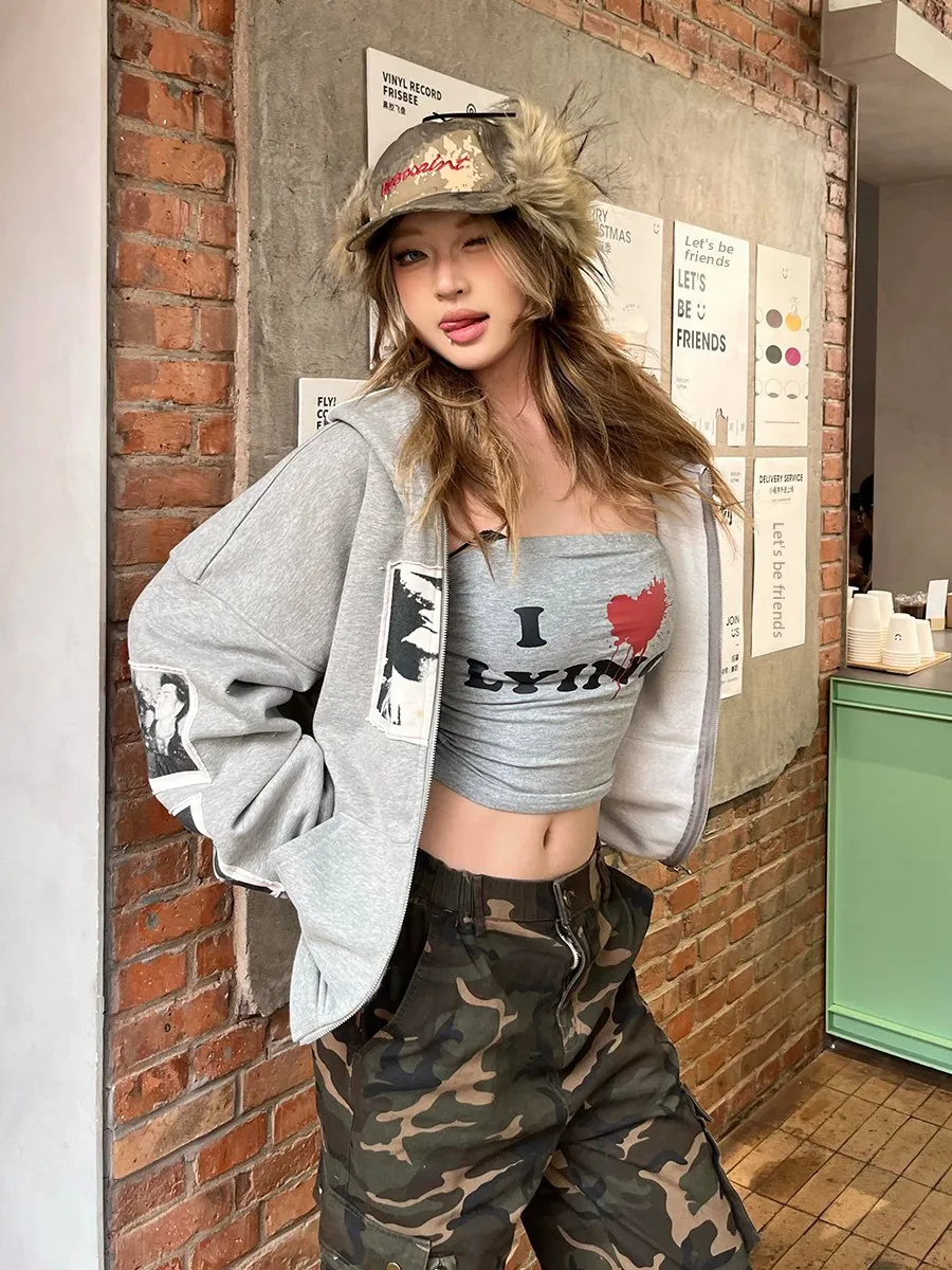 American High Street Punk Portrait Print Hoodie Women's Loose Couple Oversize Zipper Open Cardigan Trendy Long Sleeve Sweatshirt