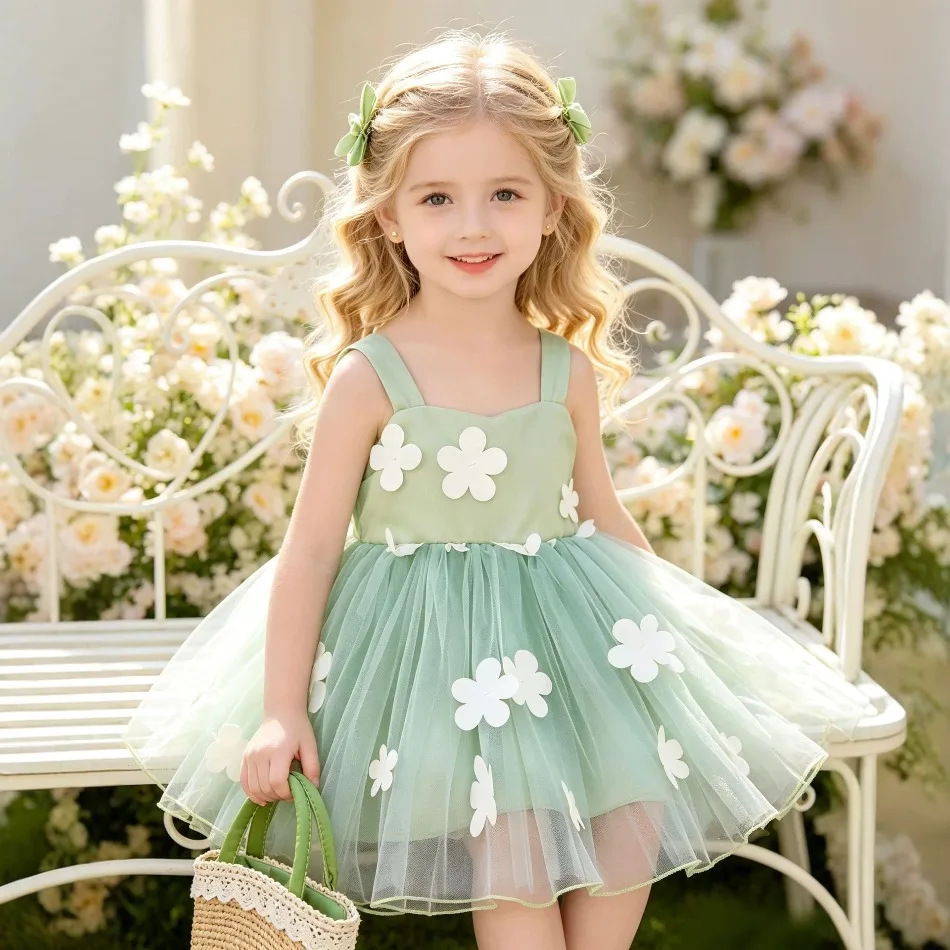 Whimsical Girls Spaghetti Strap Dress 3d‑appliqué Floral Tulle Tutu Kids Outdoor‑photoshoot Garden Birthday Princess Dress ZD36