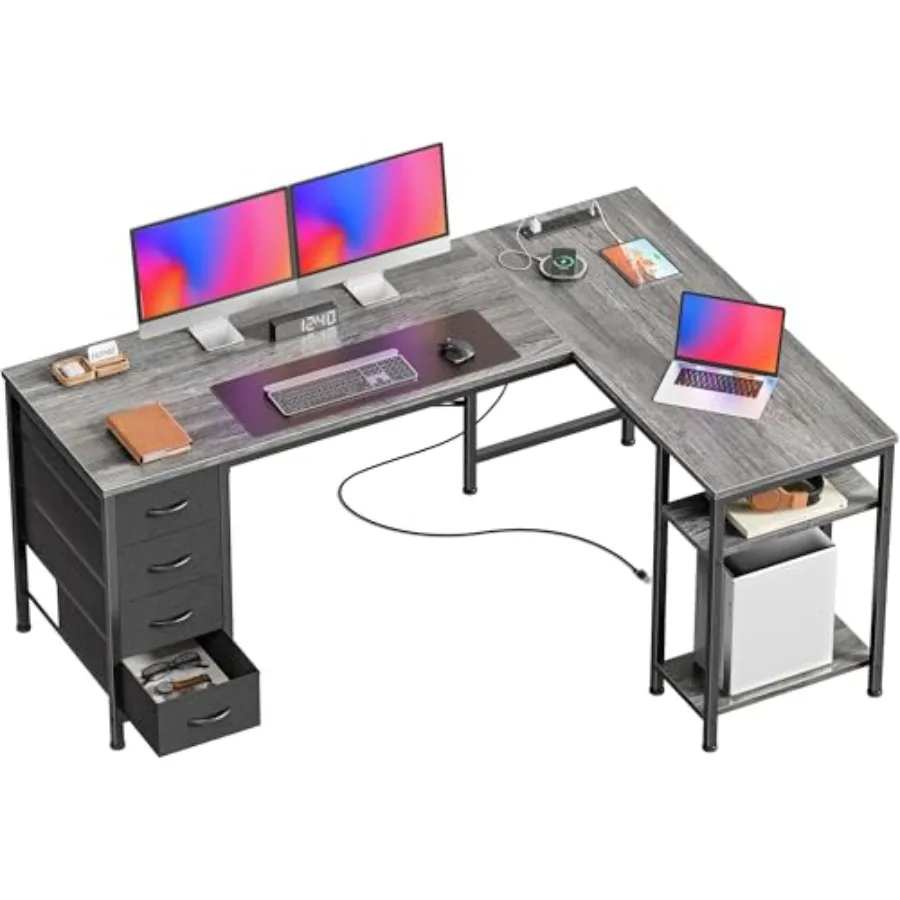 

55-дюймовый L-образный стол с тканевыми ящиками, двусторонний компьютерный игровой стол с розетками и портом USB-C, регулируемая боковая стойка