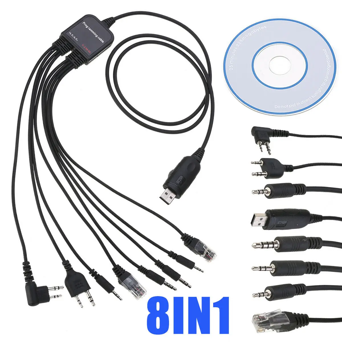 8 in 1 Computer USB Programming Cable With Software CD For Motorola ICOM Kenwood Baofeng YAESU Walkie Talkie Radio Accessories