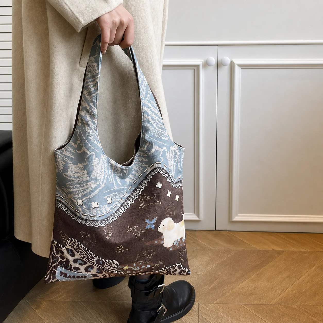 

Cute Cartoon Dog Print Canvas Bag Large Capacity Commuting Shoulder Bag Leopard Print Fashionable Casual Women's Crossbody Bag
