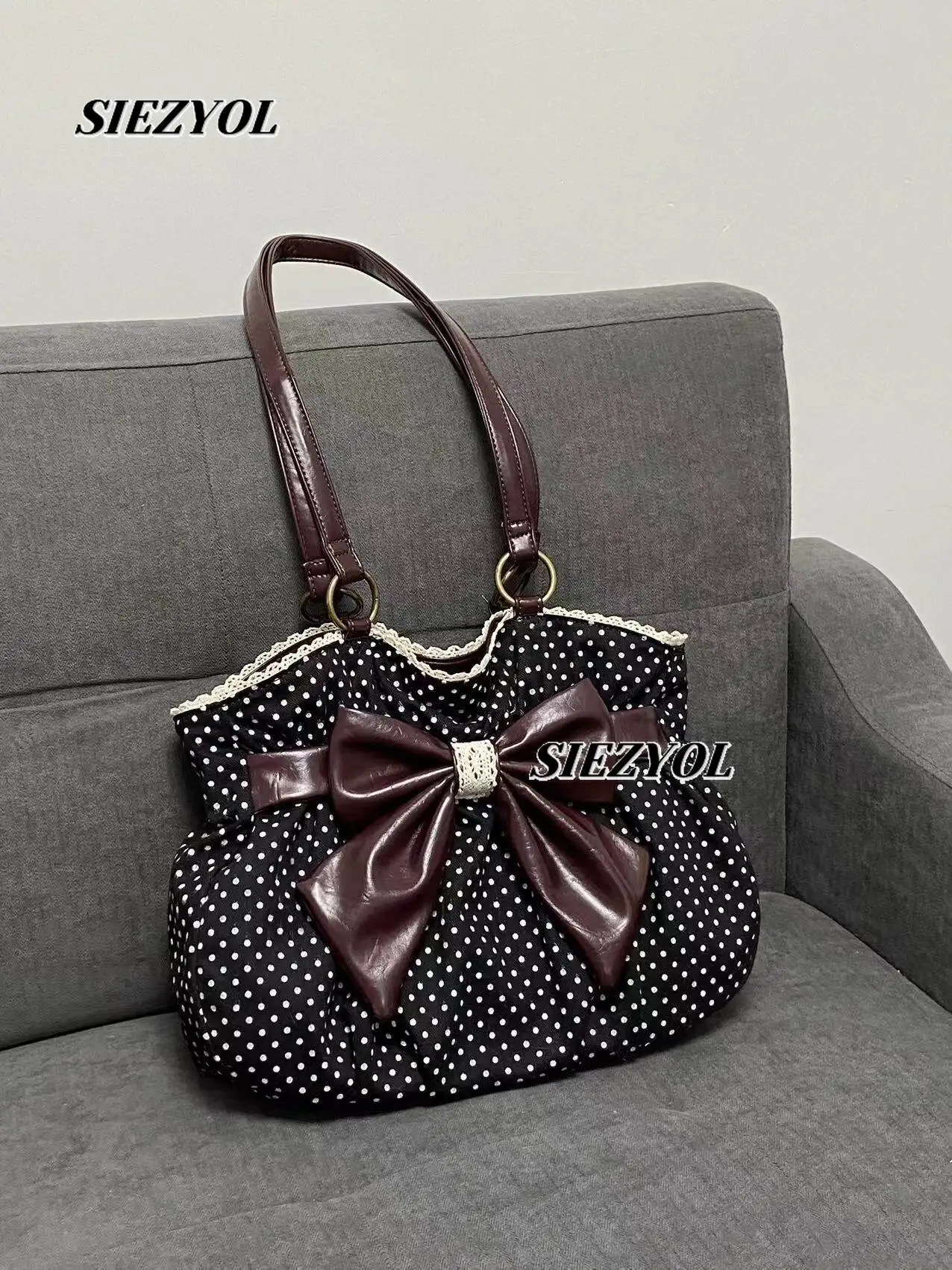 Retro Vintage Polka Dot Bow Shoulder Tote Bag Japanese Style Simple and Versatile Portable Cosmetic Bags Makeup Case