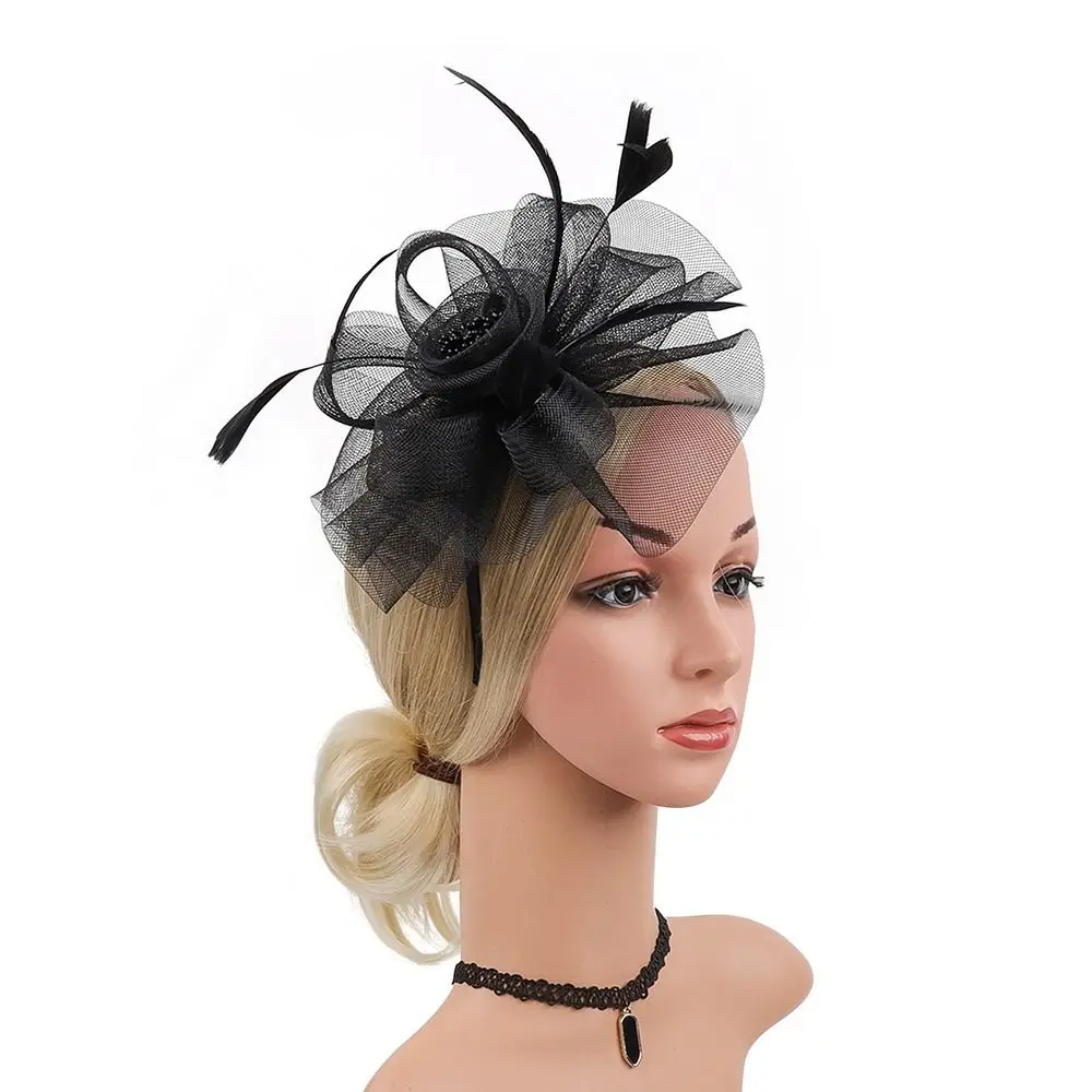 Vintage Feathers Ribbon Fascinator Hats Tea Party Bridal Derby Hat Mesh Hair Band Women
