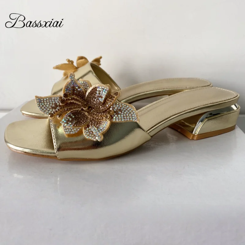 

Quality Diamond Rhinestone Flower Women Slippers Gold Color Concise Style Open Toe Slip-On Outwear Mules Summer