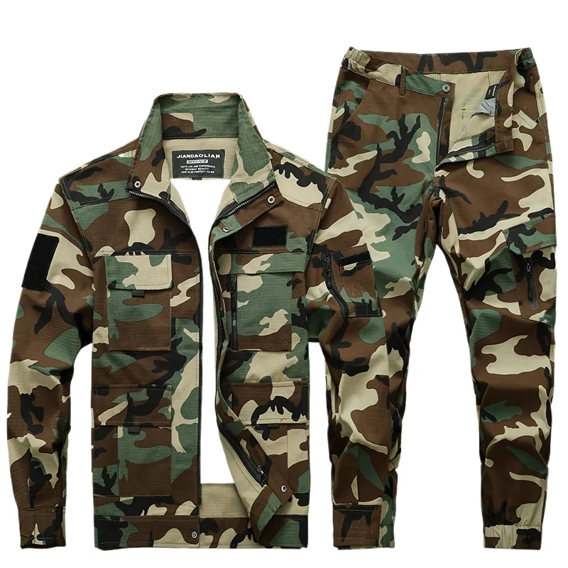 Spring Autumn Camouflage Clothing Set Wear Resistant Multi Pocket Tactics Working Clothes Outdoors Camping Hiking Training Suit