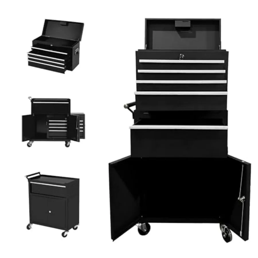 Garage workshop mechanic use: heavy duty steel 8-drawer tool chest with wheels, lockable 1-door rolling cabinet, detachable por