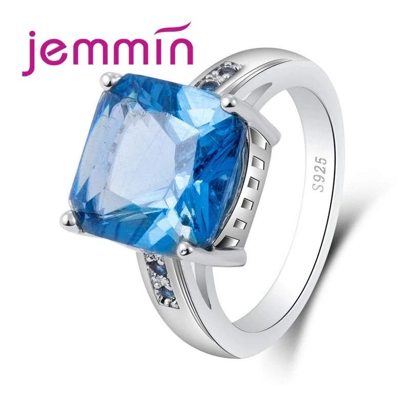 Big Shinning Blue Square Cubic Zirconia 100% 925 Sterling Silver  Rings Elegant Design Wonderful Anniversary Jewelry