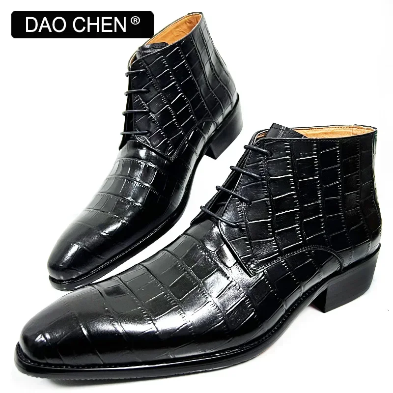 LUXURY MEN\'S BOOTS BLACK CROCODILE PRINT ANKLE BOOTS LACE UP MEN DRESS SHOE OFFICE WEDDING GENUINE LEATHER BOOTS FOR MEN