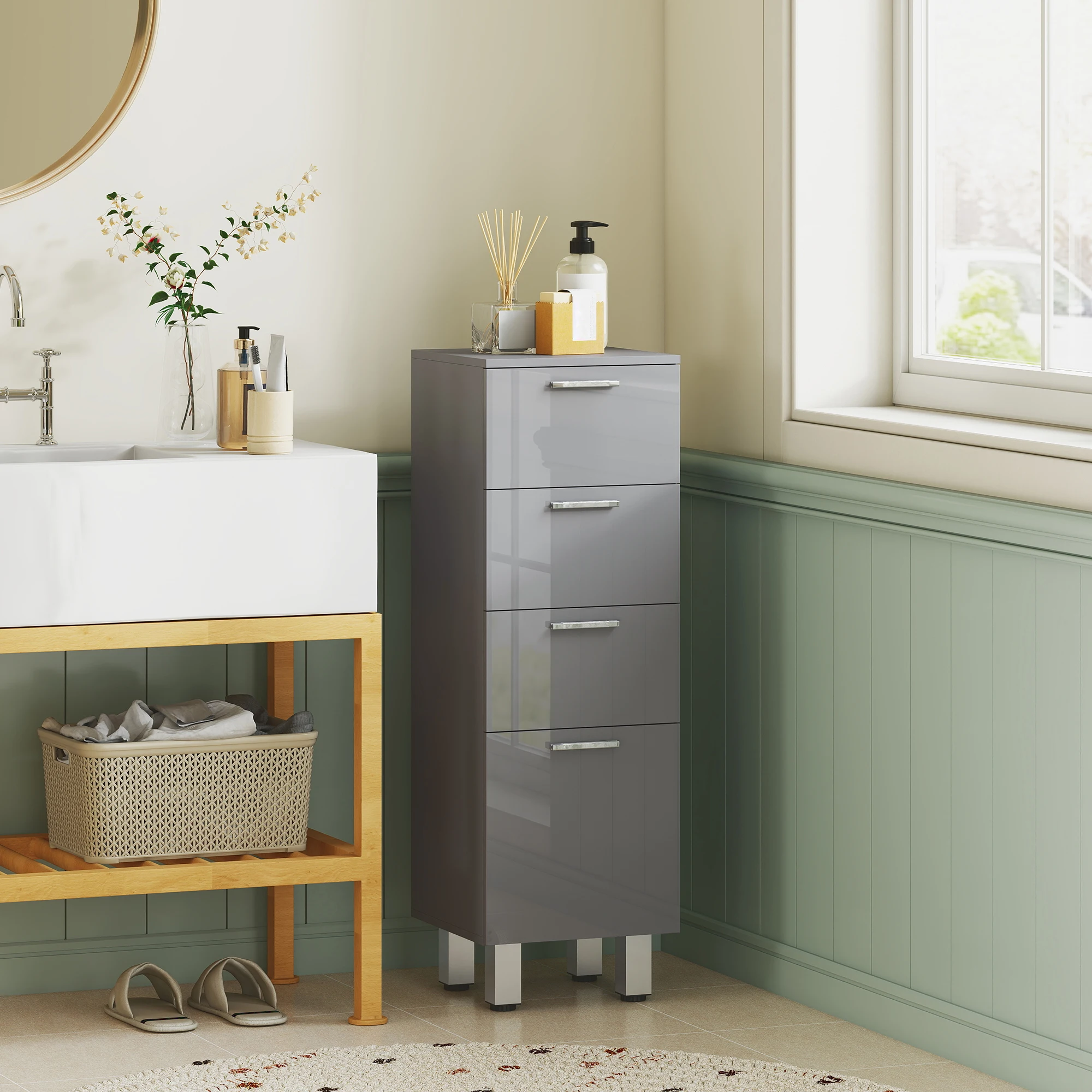 kleankin Badezimmerschrank Nischenschrank schmal mit 4 Schubladen Toilettenschrank Badschrank Beistellschrank für Badezimmer, kleine Räume, 30 x 30 x 93 cm Grau