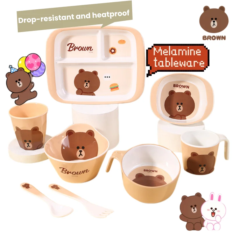 New Brown Anime Cartoon Pattern Melamine Tableware – Cute Durable Heat-Resistant Compartment Plates Spoons Cups, and Fork Set