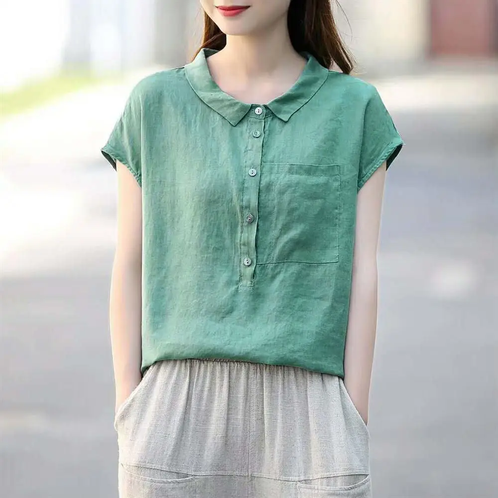 

Womens Cotton Linen Shirt Doll Collar Pocket Top