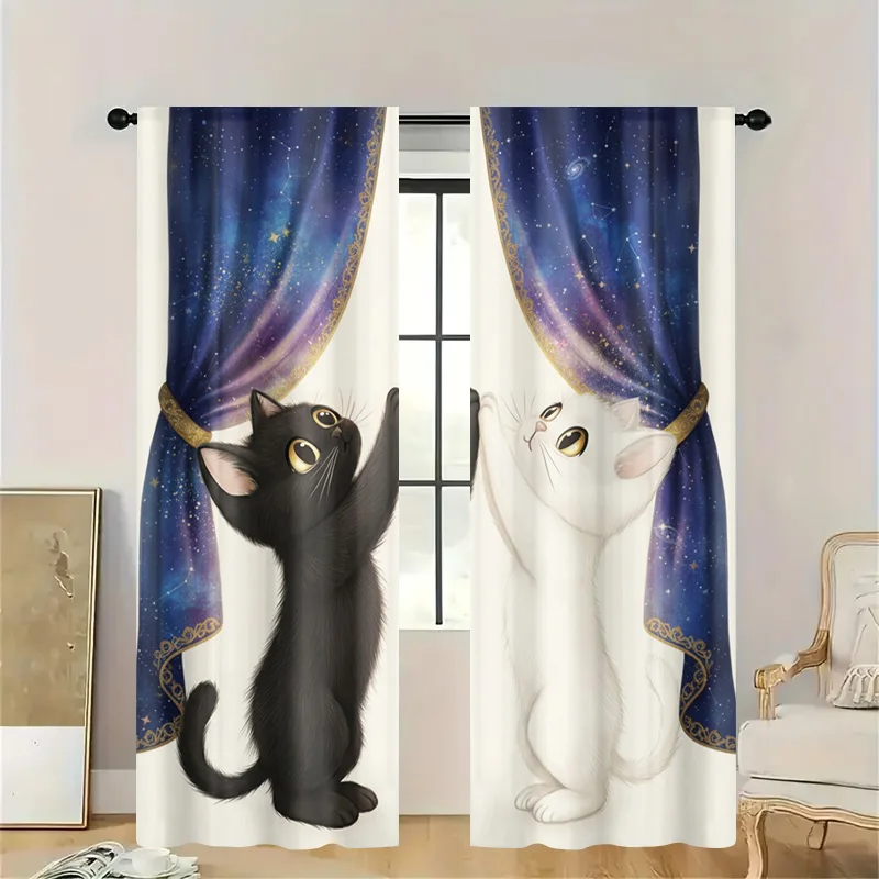 Cute Cat Galaxy Curtains Semi Sheer Window Drapes Stars Night Aesthetic Home Decor Nursery Kitchen