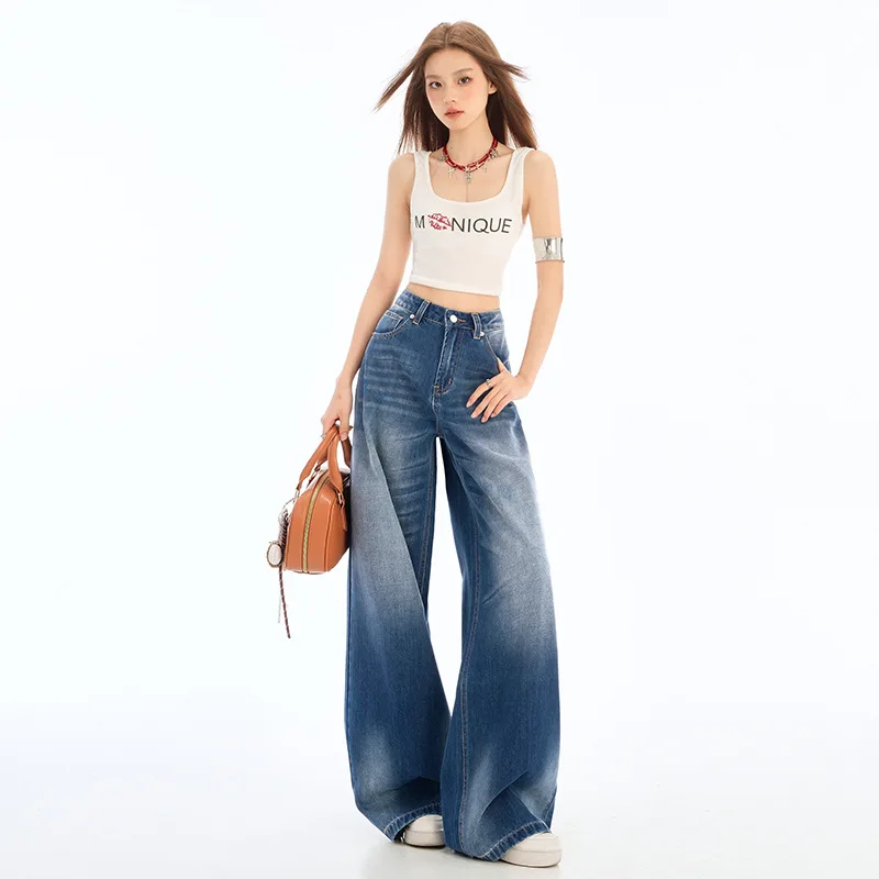 

American-Style Blue Wide-Leg Jeans Women's Popular Spring and Summer New High Waist Lazy Draping Creases Straight Mopping Pants