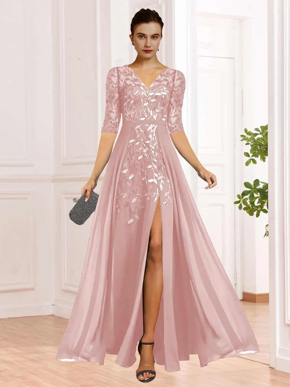 결혼식을 위한 브이넥 쉬폰 신부 어머니 드레스 반소매 슬릿이 있는 반짝이는 긴 이브닝 파티 드레스