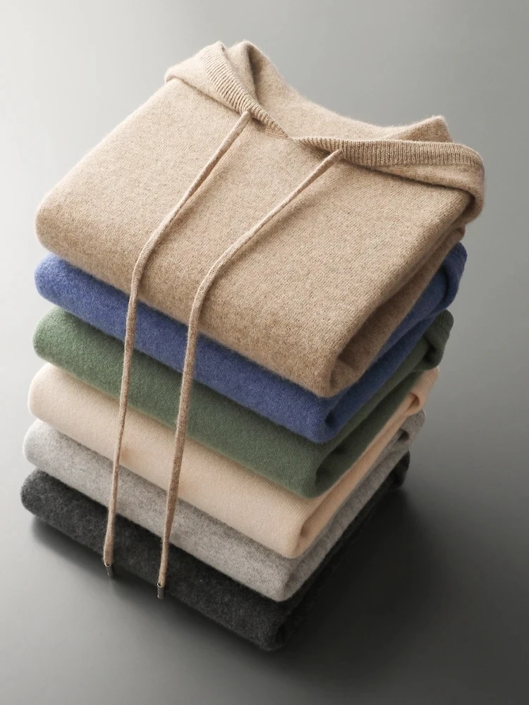 

Fashion 100% Pure Wool Men's Sweater Long Sleeve Pullovers Spring Autumn New Style Hoodie High-End Knit Youth Casual Warm Shirt