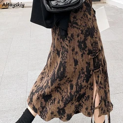 Skirts Women High Waist A-line Tie Dye Casual Style Side Slit Retro Mid-calf Fashion Chic Streetwear All-match Elegant Ladies