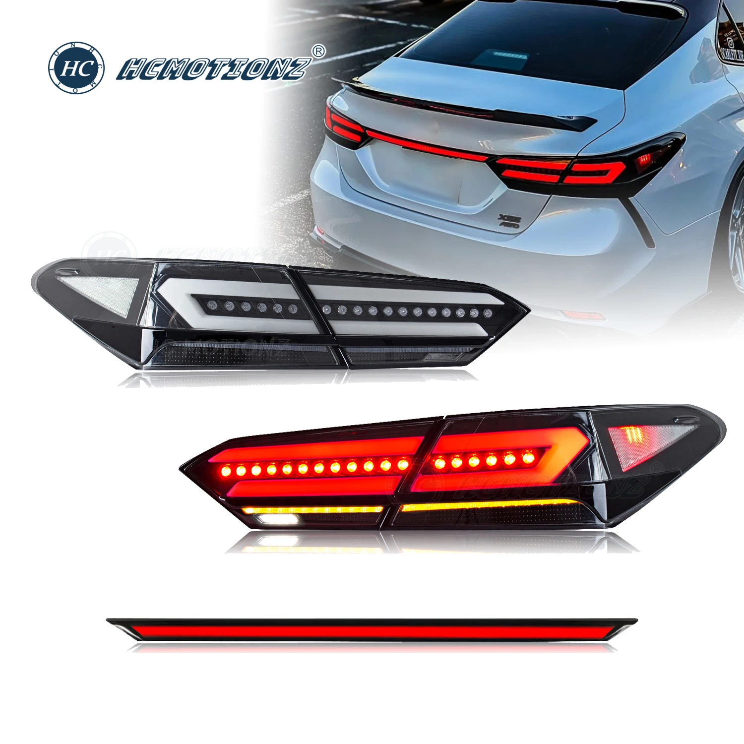 HCMOTIONZ LED Rear Lamps for Toyota Camry 2018-2023 with Middle Lamp DRL Start up Animation Tail Lights Assembly
