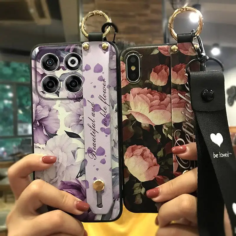 Fashion Design Dirt-resistant Phone Case For ZTE Balde V70 protective Durable Soft case Flower Back Cover Wristband