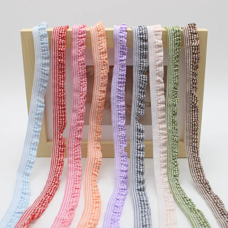 

50Yards 16mm Ruffle Grid Stretch Lace Plaid Elastic Ribbon Band For Baby Hairband DIY Craft Fabric Supplies Clothing Decoration