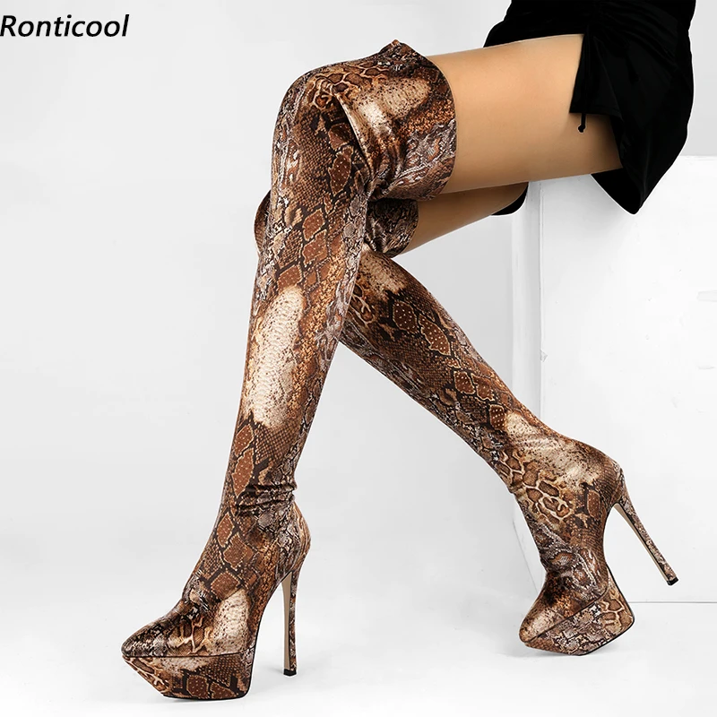 

Ronticool/женские весенние ботинки до бедра на платформе, сексуальные туфли без шнуровки на шпильке с острым носком, великолепная обувь со змеиным ночным клубом, размер США 5-13