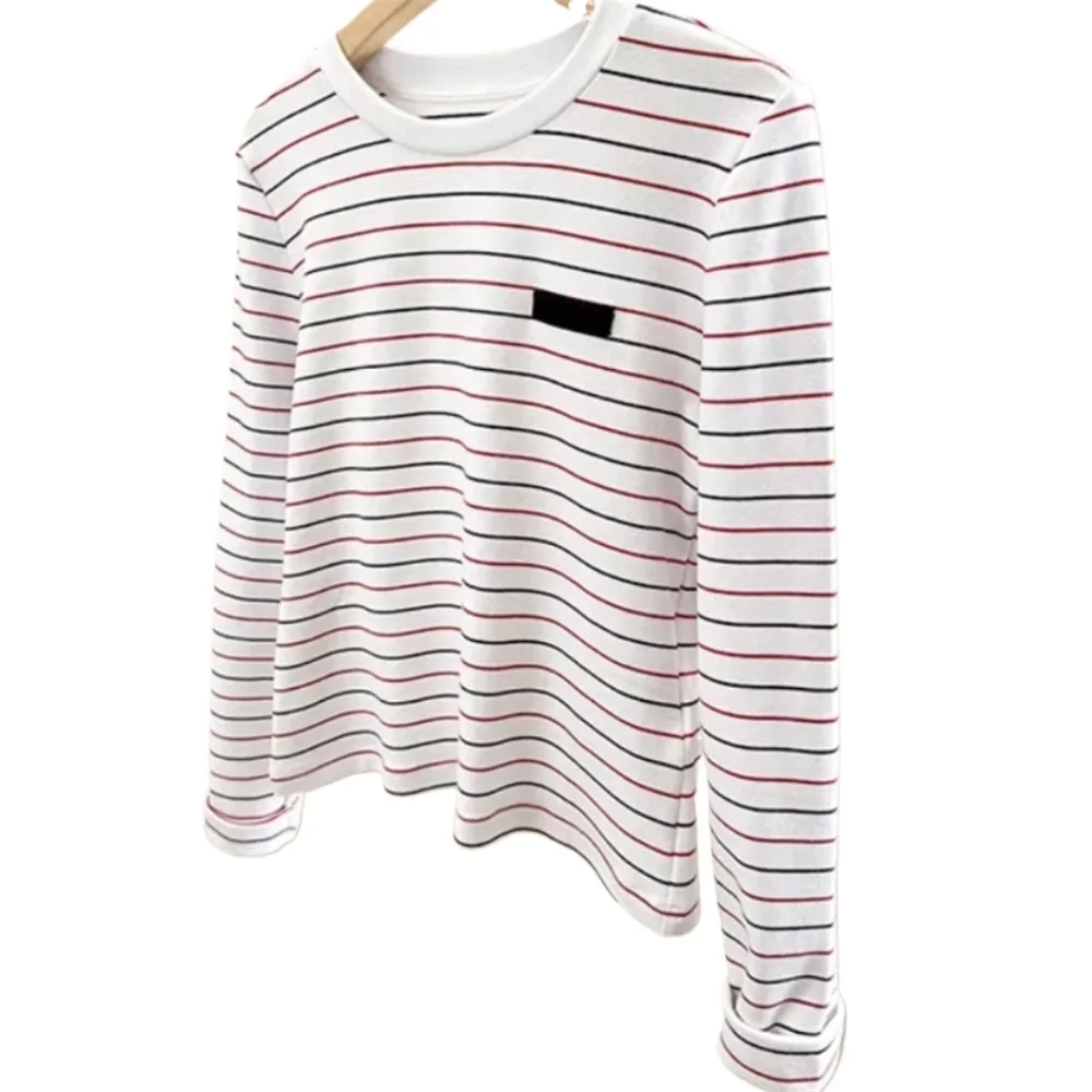 Women T-shirt Stripe Long Sleeve J544389 Round Neck Embroidery T Shit Letter Clothing Summer Runway Streetwear Elegant Knit 2024