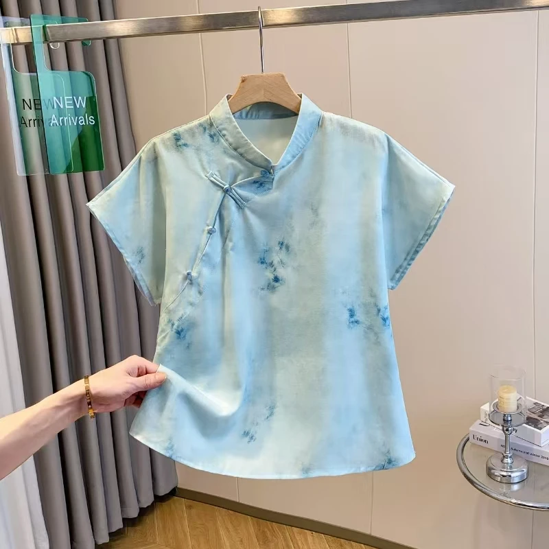 Nuovo cinese Sle donna estate irt tessuto di cotone e lino abbottonato Svel Top colletto alla coreana stampato T abbigliamento casual