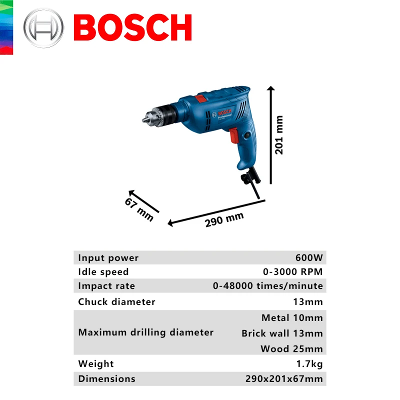 Bosch GSB 600 Electric Drill 600W Wired Impact Driller 48000bpm High Power Drilling Power Tool for Wood Steel Concrete Brick
