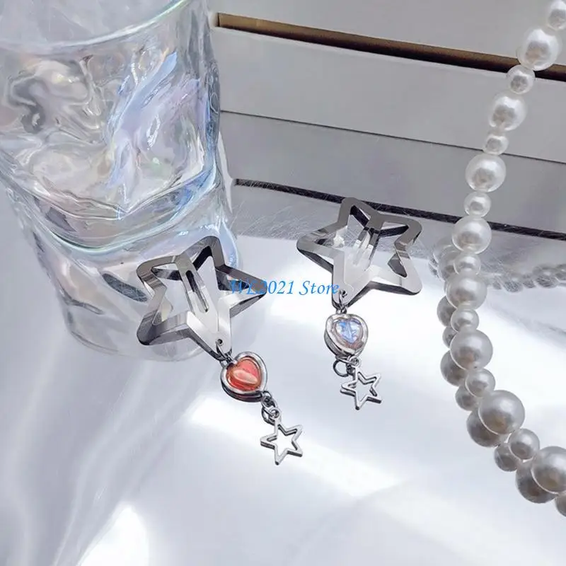 

G5GC Y2K Alloy Hair Clip with Heart Bead Hollow Star Barrettes Bangs Clip Romantics Star Hair Clips Gift