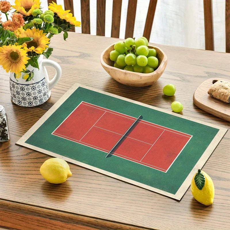 1pcs Tennis Court Print Tableware - Washable Polyester Table Mats, Red Tennis Court Design for Party and Home Decor,